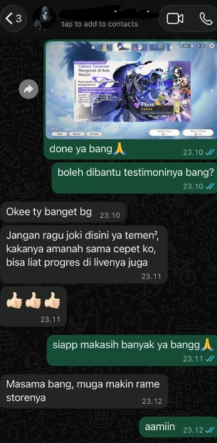 Bukti chat testimoni Joki IF Speedrun Genshin Impact Nandayostore f***l