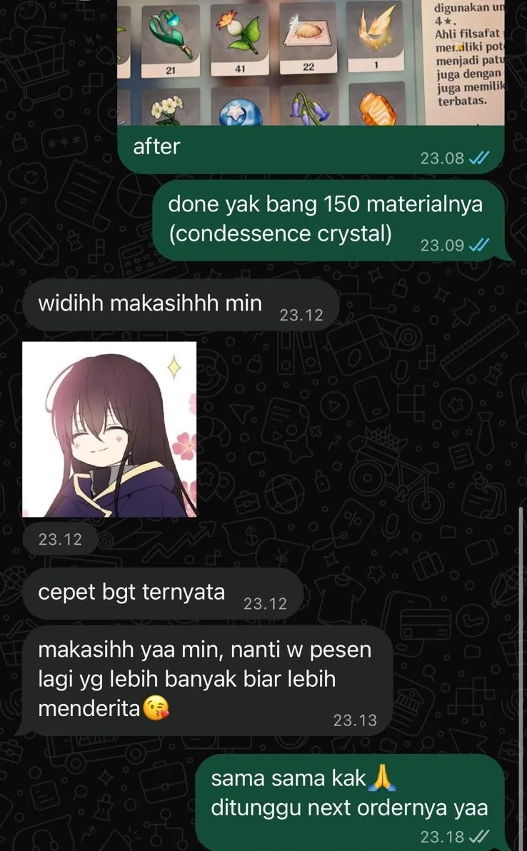 Bukti chat testimoni Joki Material Genshin Impact Nandayo Store a***h